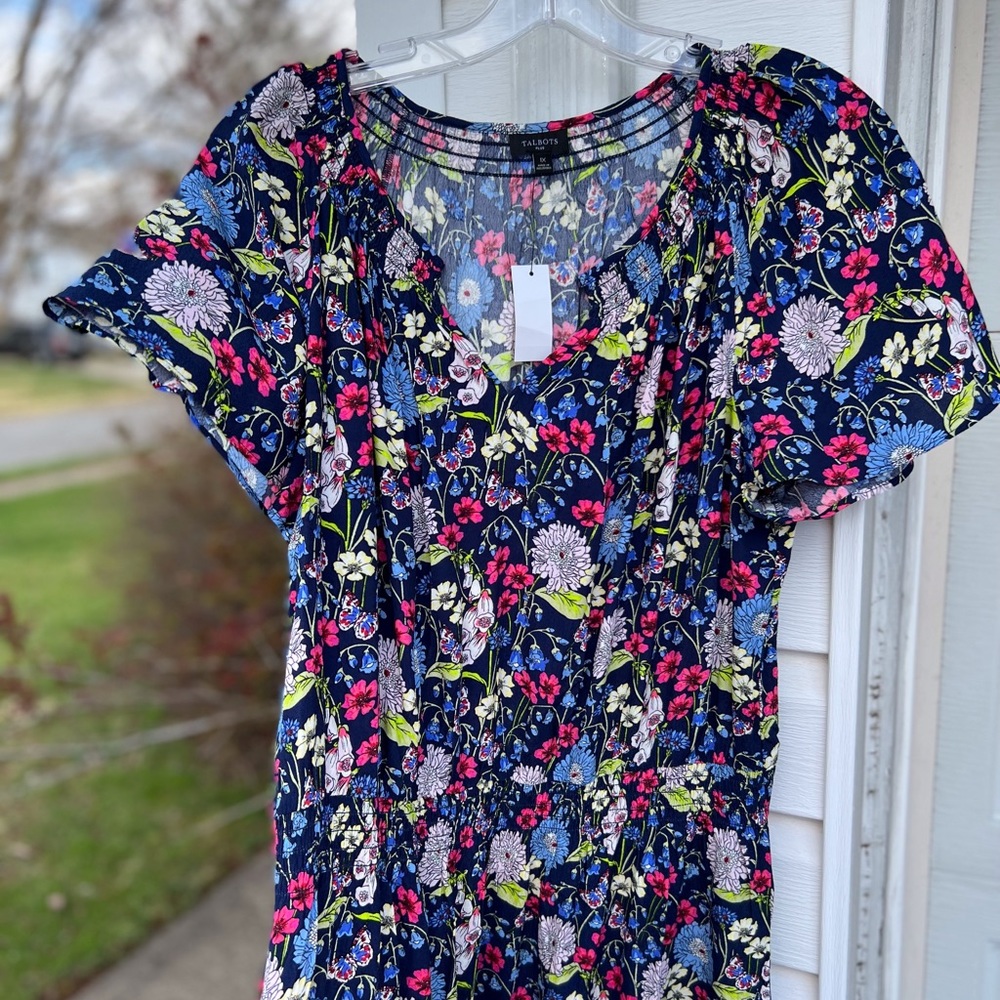 NWT Talbots Pretty Navy Butterflies & Floral Tea Length Elastic Waist Dr… - Picture 2 of 6